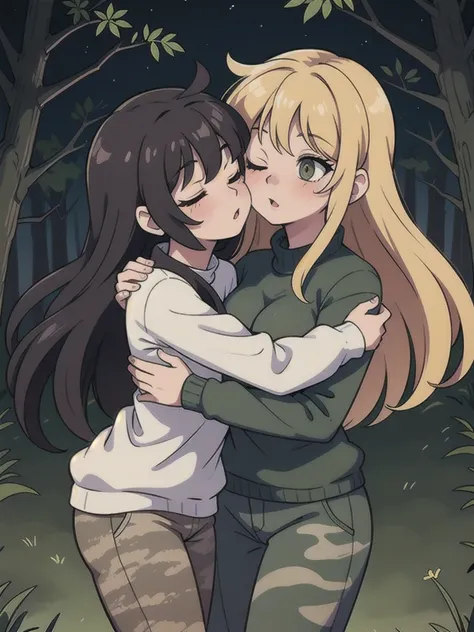 lesbian girls with long hair, with your eyes closed,camouflage sweater camouflage pants, hug and kiss, forest at night