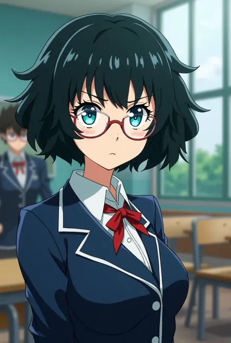 Screenshot of my hero academia.
Dark haired girl with short curly hair and bangs, He has light blue eyes,He has circular glasses,has a serious expression.He is wearing the UA everyday uniform and has a UA school class in the background.