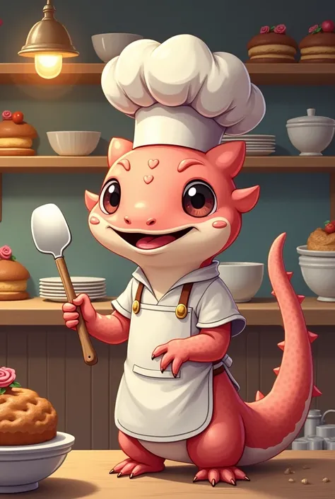  I need animal axolotl dressed as a pastry chef and nombre the seeet memory, is a entreprenaut the bakery and catering but drar cartoon