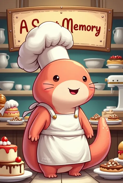  I need animal axolotl dressed as a pastry chef and nombre the seeet memory, is a entreprenaut the bakery and catering but draw cartoon