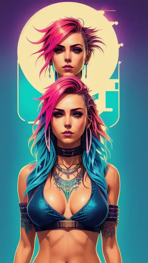 swpunk style synthwaveaward winning half-length portrait of a woman in a motel, big breasts and hot body naked, with teal navy blue ombre hairstyle with flying hair, paint splatters, splashes, overdrive, vaporware, shaded flat illustration, art digital, ar...