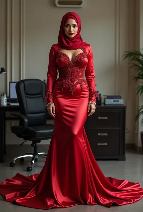 Hijabi women wear red satin mermaid wedding gown, gown have a very long train about 7 meter long, wear sexy corset, sexy woman with big breasts, with prominent nipples, model height is 165 cm, wear jewellery, sexy pose in office room