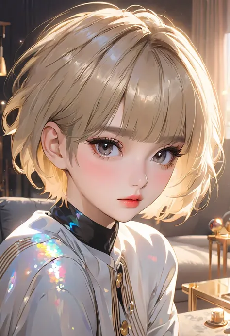 A beautiful girl with short blonde hair playing games in a stylish living room. A masterpiece. Korean-style glitter eye makeup. Mature.