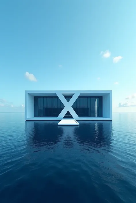 building, modern, futuristic looking, in the middle of the ocean, very big, blue and white, wide, square.a capital letter X in the middle of the building, in printed form.