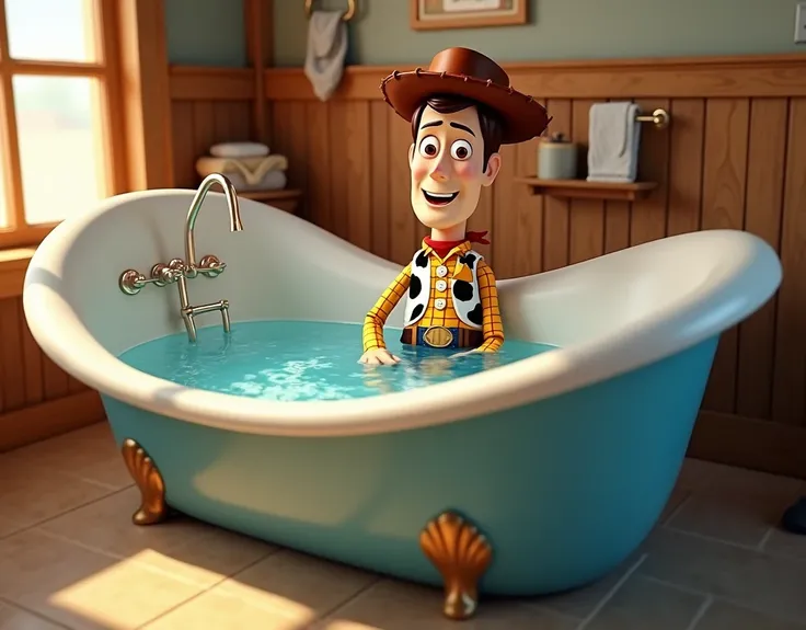 We need a big bathtub with Woodys cartoon image on it and that bathtub is filled with water. Sticker lga ho