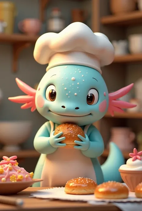  I need animal axolotl dressed as a pastry chef and nombre the seeet memory, is a entreprenaut the bakery and catering but create 3 d imagen 