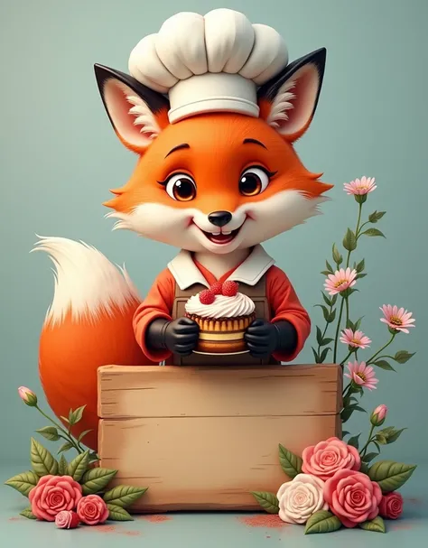 create a logo, flowers, fox with two paws sample with chef&#39;s hat, child holding cake in jar, creative, place to put the store name on the wooden board, realisitic, high qualiy