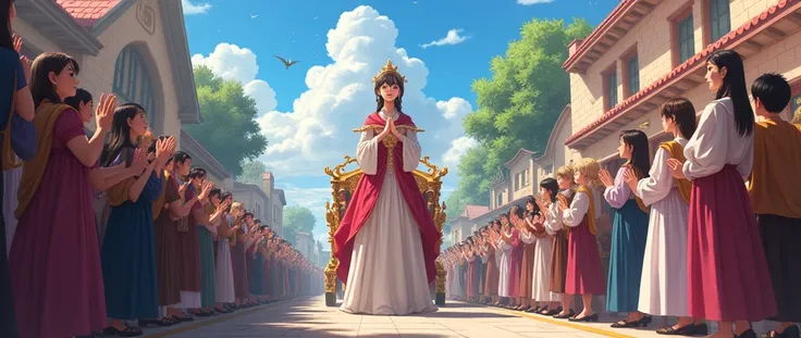 a street full of people cheering and bowing , worshipping , a chariot passing by with a princess,  facing the camera, standing at one side of the street, a crowd cheering on the side of the street, anime style , anime background, fantasy style, 