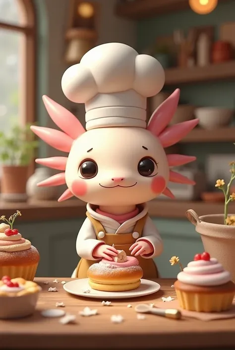  I need animal axolotl dressed as a pastry chef and nombre the seeet memory, is a entreprenaut the bakery and catering but create 3 d imagen 