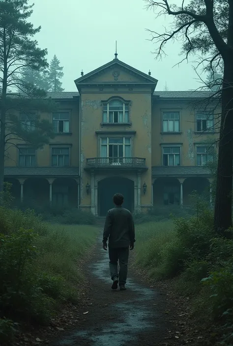 Abandoned hospital outside, man leaving
