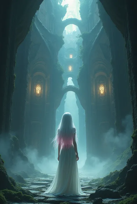 A girl with white hair with pink highlights at the ends, about , is standing in the darkness, with a total of 9 dimensional doors in front of her.