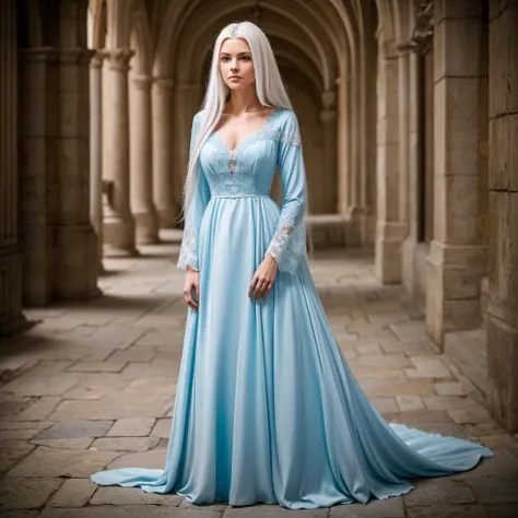 foto hiper realista, 8k, iluminação perfeita, Beautiful woman, slender, long white hair, flushed cheeks, blue eyes, elegant medieval light blue dress, full body standing, matte picture background ((best quality))