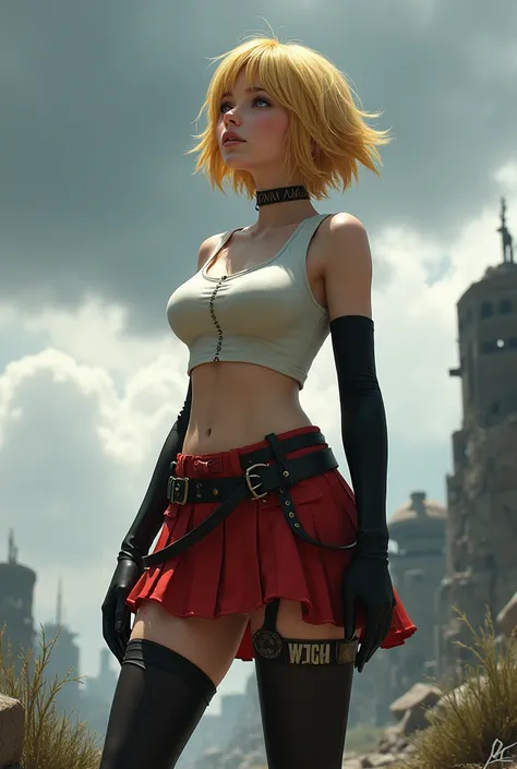 xoaeriel, a blonde teenager, blue eyes, short hair,wearing a red skirt and ,White crop top,black thigh high stockings,black elbow length gloves, big breasts, realist, belts on thighs in post apocalyptic world looking up at cloudy sky