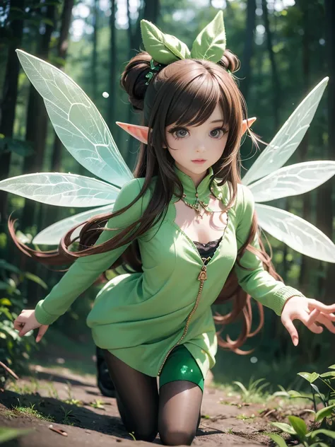 Anime girl in green and black outfit with wings and green background, Pixie character, Fairy, forest Fairy, insect trainer girl, brunette elf with Fairy wings, Pixie, Cute 3D anime rendering, April Rendering, Fairy dance, Leg spread  