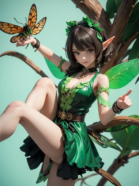 Anime girl in green and black outfit with wings and green background, Pixie character, Fairy, forest Fairy, insect trainer girl, brunette elf with Fairy wings, Pixie, Cute 3D anime rendering, April Rendering, Fairy dance, Leg spread  