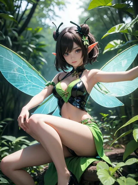 Anime girl in green and black outfit with wings and green background, Pixie character, Fairy, forest Fairy, insect trainer girl, brunette elf with Fairy wings, Pixie, Cute 3D anime rendering, April Rendering, Fairy dance, Leg spread  