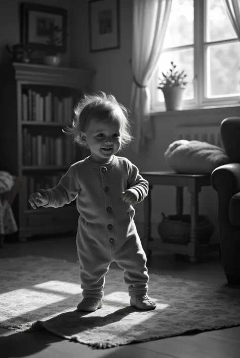 A young child in a 1920s living room, black and white photography, playing happily, cozy and warm atmosphere, natural lighting, vintage aesthetic, nostalgic mood, detailed facial features, cute expression, casual outfit, comfortable living space, antique f...