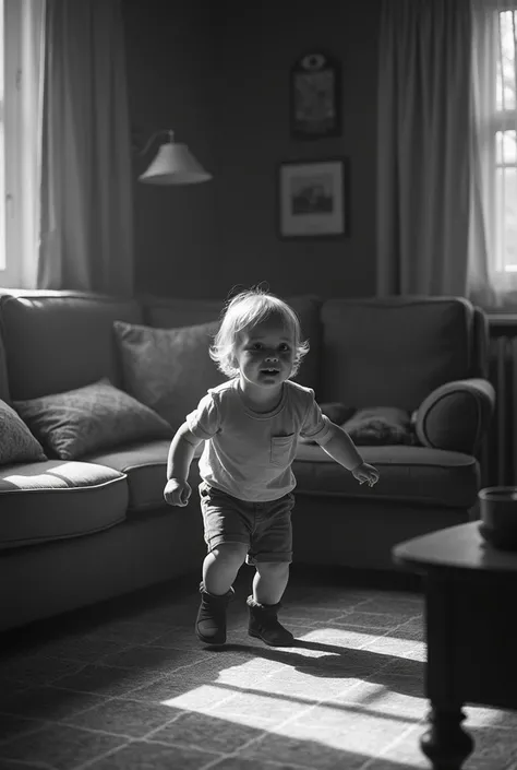 A young child in a 1920s living room, black and white photography, playing happily, cozy and warm atmosphere, natural lighting, vintage aesthetic, nostalgic mood, detailed facial features, cute expression, casual outfit, comfortable living space, antique f...