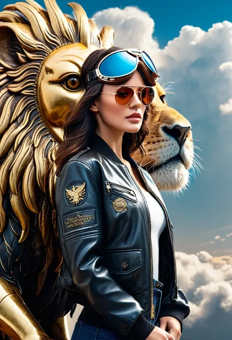 high quality, 8K Ultra HD, Surreal portrait of a stunning woman.
masterpiece，Best quality，A brave bird perched on a giant winged lion，In a world where myth meets reality，Soaring high above the clouds。Her sleek aviator goggles and leather bomber jacket cont...