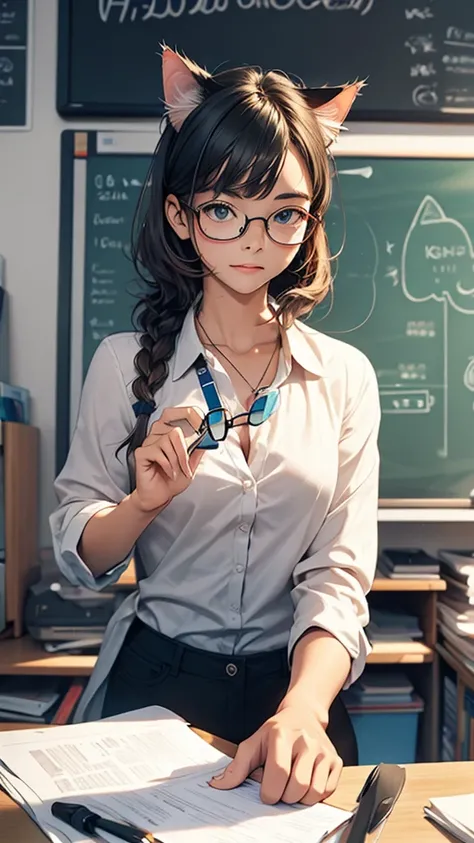 One cat teaching in front of a whiteboard wearing glasses and looking at the front, looking at the camera