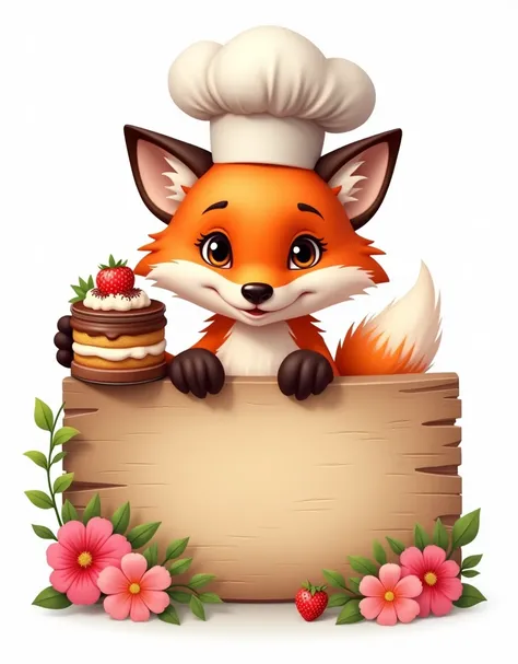 create a logo, flowers, fox with chef&#39;s hat,  holding the cake in the jar, creative, place to put the store name on the wooden board, realisitic, high qualiy, white background 