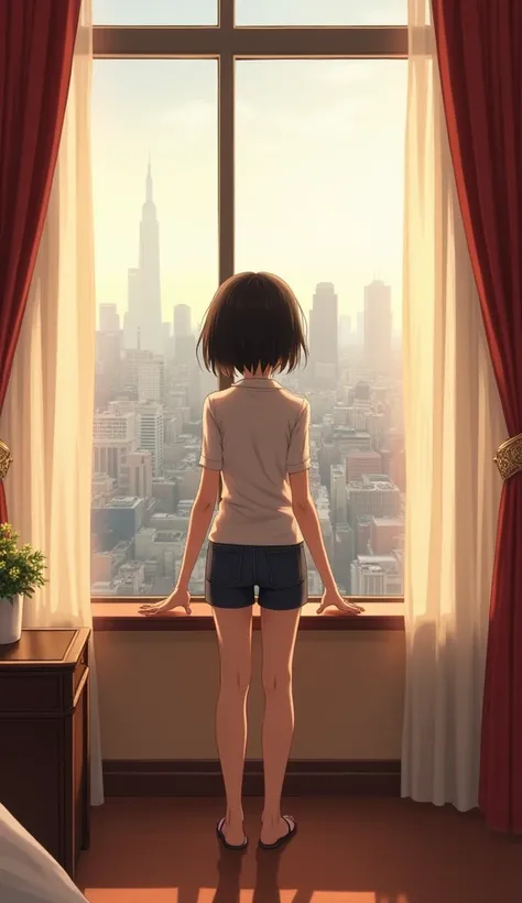 (1girl, Japanese, 4, short black hair, (hands on window, butt out:1.3), luxury city hotel room, warm lighting)
