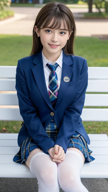 Highest quality、High resolution、Bright lighting、Professional Lighting、Face Light、Smooth lighting、Cute school girl、Cute uniform girl、(Dark blue blazer with emblem on left chest)、(White blouse)、(The tie has a tartan check pattern.......:1.3)、(Tartan Check Sk...