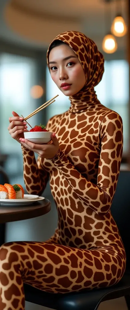 The most beautiful,thin,most pretty and clever Asian muslimah adult girl wears giraffe lycra turtleneck unitard catsuit covered with spots.She always wear giraffe print lycra dancewear stretchy hijab covered with many spots.She is sitting on the plastic ch...