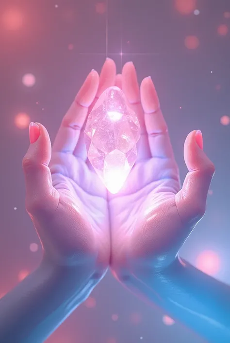 Create two hands (holding sth on the air) made of pink-blue crystal (hologram effect), glass material, soft glow, beautiful bright hologram background, pink tone