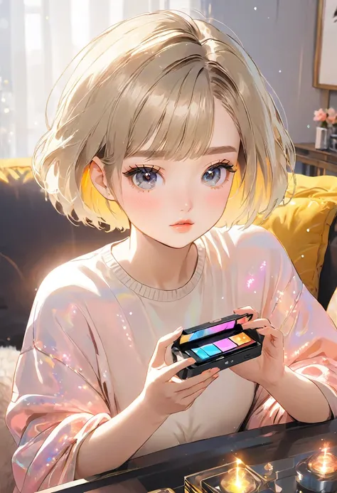 A beautiful girl with short blonde hair playing a switch in a stylish living room. A masterpiece. Korean-style glitter eye makeup. Mature.