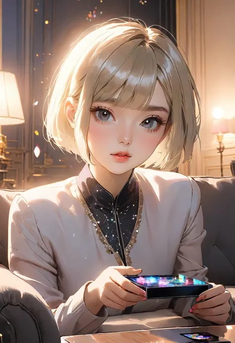 A beautiful girl with short blonde hair playing a switch in a stylish living room. A masterpiece. Korean-style glitter eye makeup. Mature.