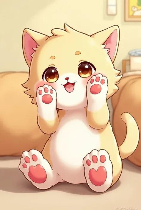 Digital art, furry anthropomorphic cat, blushing feetpaws focus, shota cub, 2d