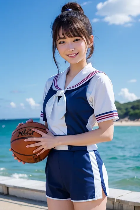 ((best quality)), ((masterpiece)), (detailed), 1girl, sexly、bangs、ponytail、Sailor suit、gym、smile、basketball、summer