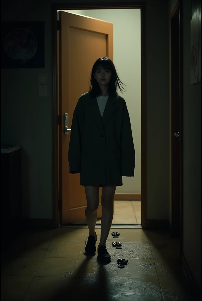 A modern Japanese woman,now standing outside her apartment, looking down at the floor with wide eyes. On the ground, there are small, muddy footprints leading away from the door. The scene is dark, with the only light coming from the open door behind her, ...