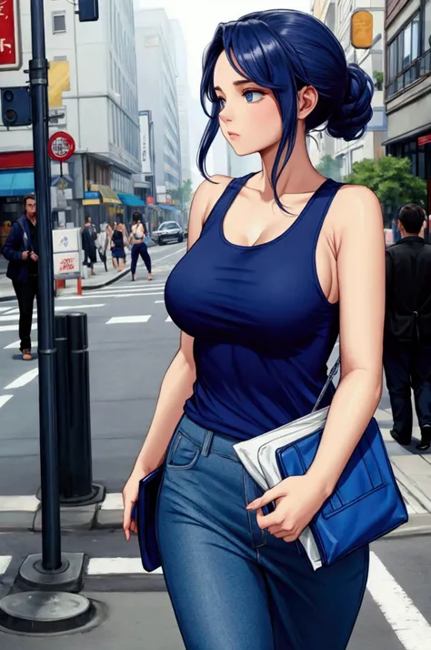 A woman in a blue tank top walking through a busy street