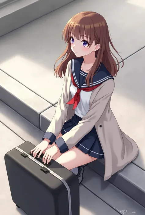 there is a woman sitting on a curb with a suitcase, (hair swept bangs:1.3), (brown hair:1.3),  anime style, from girls frontline, fine details. girls frontline, girls frontline universe, girls frontline style, girls frontline, girls frontline cg, loose coa...