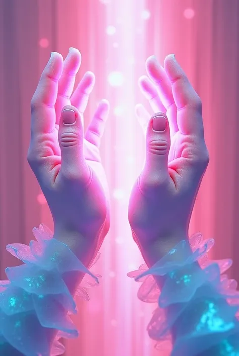 Create two hands (holding sth on the air); the hands made of pink-blue crystal (hologram effect), glass material, soft glow, beautiful bright hologram background, pink tone