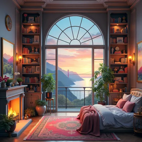 A masterpiece, an exquisite view from a large window, shelves with books, watercolor paintings, paintings on the walls, a fireplace, chic furniture, gold elements, figurines, pots with branches, bottles, glasses, cups, plates, crystal, a chest of drawers, ...