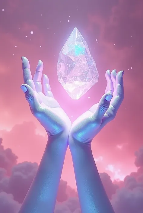 Create two hands (holding sth on the air); the hands made of pink-blue crystal (hologram effect), glass material, soft glow, beautiful bright hologram background, pink tone