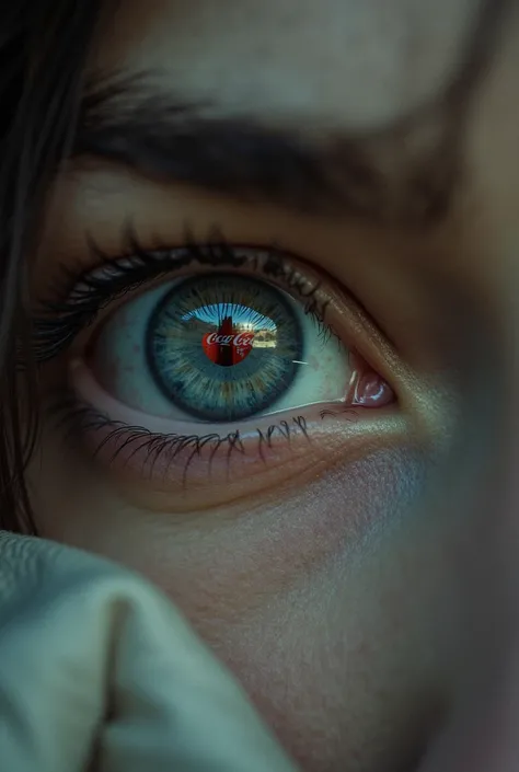 "A close-up of a person’s eyes, showing signs of fatigue and tiredness, with Coca-Cola cans reflected."