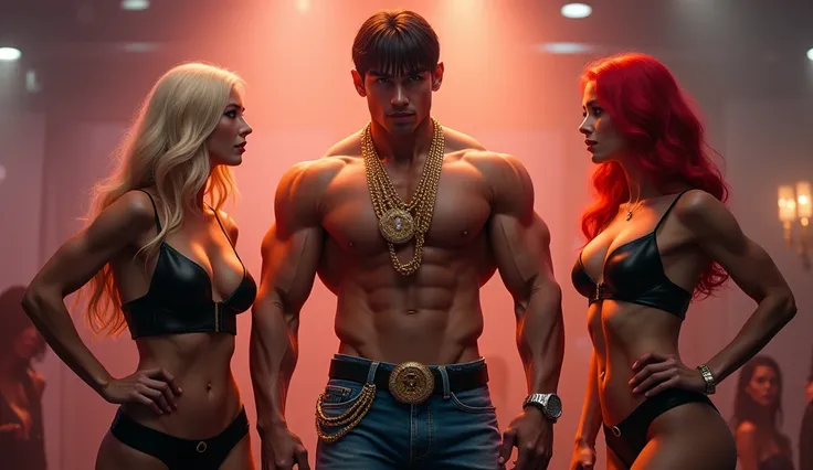 Dancing Amalgam of bodybuilder european russian 19 years mesomorph full body, face with bangs,porn actor, dj, rapper, billionaire, Zyzz com Jeff Seid, Brice Akuesson e Ronnie Coleman , Golden diamond silver chain, Patek watch, well-defined 8-pack abdomen, ...