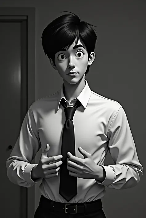 arafed young cartoon man in a white shirt and tie adjusting his tie, wearing a shirt with a tie, by Amelia Peláez, by Ramón Silva, photographed in film, film shot, wearing in shirt, grainy monochrome photo, boy has short black hair, by Albert Welti, candid...