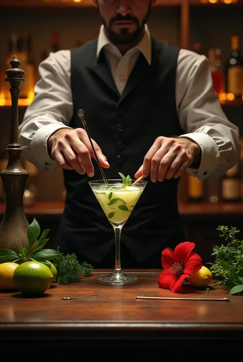 Authentic BAR,( The bartender&#39;s right thumb was amputated at the second knuckle.), Steampunk，1800&#39;with Mojito, Spectacular landscapes, , Extremely precise movements, A sublime and delicate work, Cocktail,  masterpiece, 8k, high quality, Hands are a...