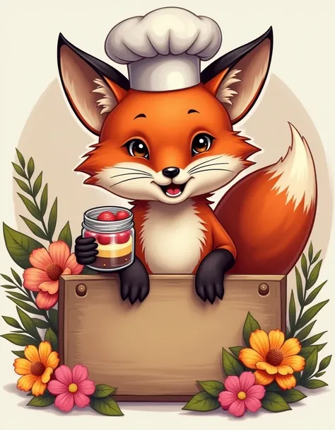 create a logo, fox with chef&#39;s hat, along with one holding cake in a jar, place to put the store name, wooden board, creative, high qualiy, realisitic, flowers, logo