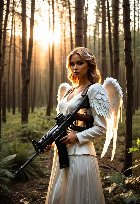 Angel holding an Ak 47 in a forest at sunset 