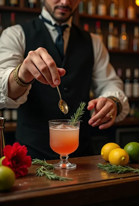 Authentic BAR,( The bartender&#39;s right thumb was amputated at the second knuckle.), Steampunk，1800&#39;with Mojito, Spectacular landscapes, , Extremely precise movements, A sublime and delicate work, Cocktail,  masterpiece, 8k, high quality, Hands are a...