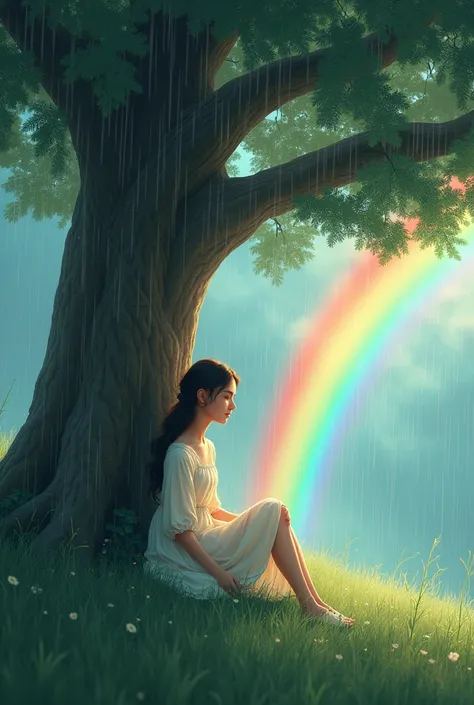 In a evening one cute girl sit in below long pine tree and there baground is raining and Rainbo will obtained behing girl and add AI realastic effect,girl wearing white dress and pine tree life is rad near pine tree girl arrount grass