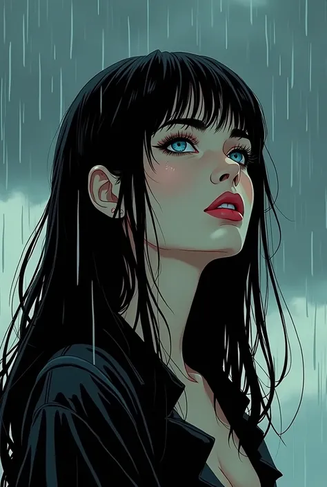 Arte comic, A woman with jet black hair, Long and straight, beautiful face, Porcelain skin, defined jaw. Long eyelashes and blue eyes, Red lips, She looks at the cloudy sky. rain falls which runs down his face. The woman is sad, He is wearing a black jacke...