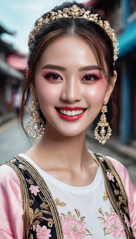 An extremely beautiful girl, modern hair, white skin, very beautiful makeup, exquisite hair accessories, wearing modern style sportswear, colorful eye-catching brocade embroidery, wearing expensive jewelry, smiling mouth, using high-end cosmetics. The back...