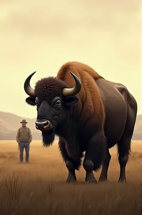 The buffalo standing alone in the field, gazing towards the horizon where the farmer usually stands. The buffalo’s posture shows patience and unwavering loyalty, with a quiet, serene landscape in the background."